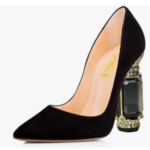 FSJ Black Bridal Pointed Toe High Heel Crystal Pumps Slip on Wedding Thick Shoes